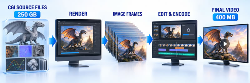 Illustration showing 250 GB of editable CGI assets and rendered frames becoming a compressed 400 MB video