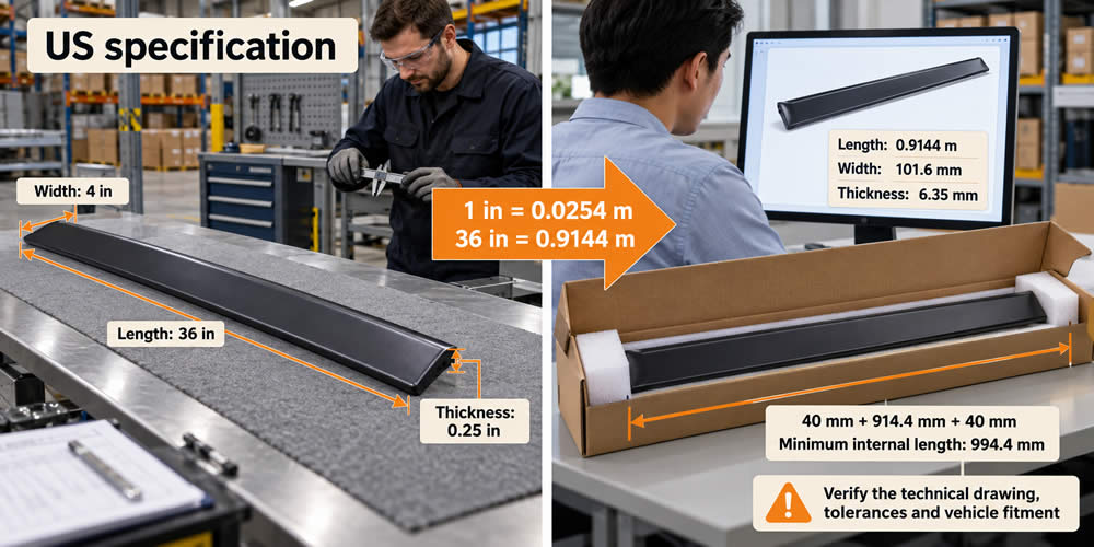 A 36-inch automotive component converted to 0.9144 metres for an international metric product listing and packaging plan