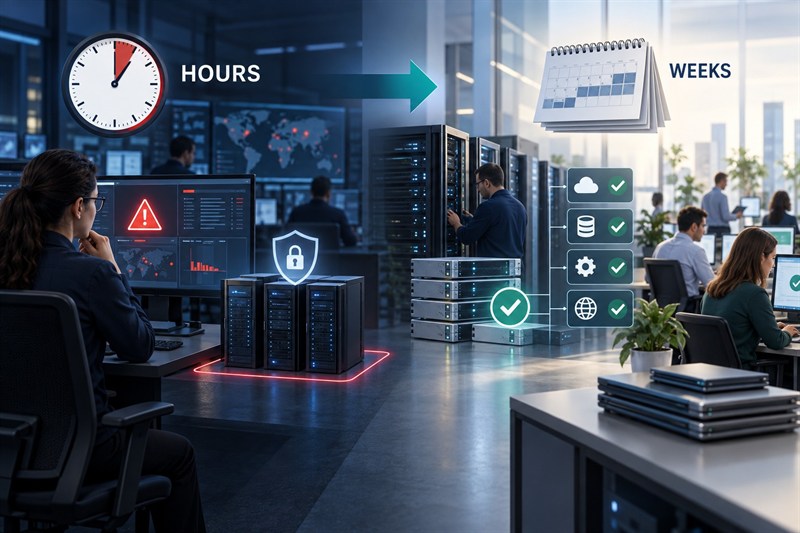 Timeline comparing an initial cybersecurity response measured in hours with investigation and system recovery measured in weeks