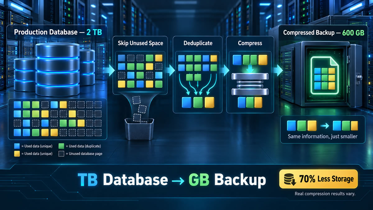 Diagram showing a 2 TB database producing a smaller 600 GB compressed backup