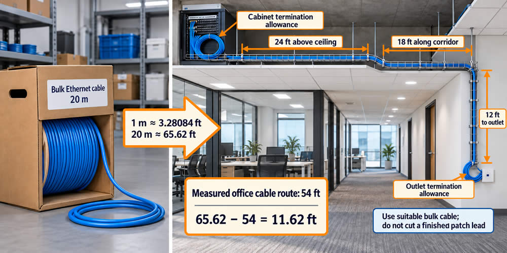 A 20-metre bulk Ethernet cable converted to 65.62 feet and compared with a measured 54-foot office cable route