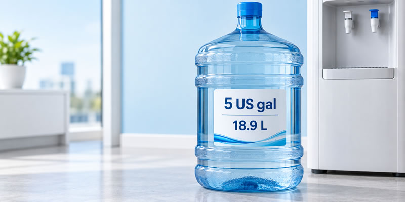 Water-cooler bottle labelled with capacities of 5 US gallons and 18.9 liters