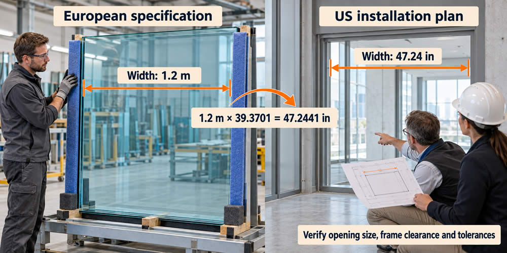 A 1.2-metre European glass panel converted to 47.24 inches for a US architectural installation plan