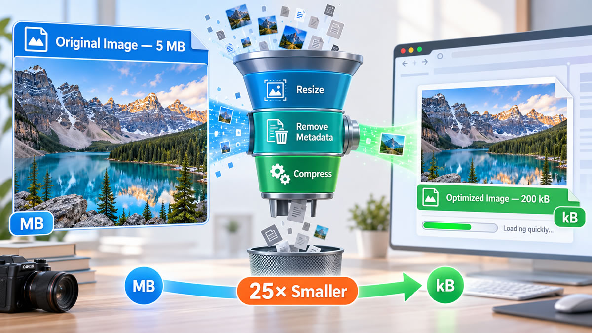 Diagram showing a 5 MB photograph being resized and encoded as a visually similar 200 kB web image