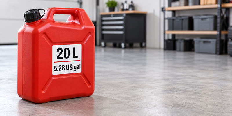 Portable fuel can labelled with capacities of 20 liters and 5.28 US gallons