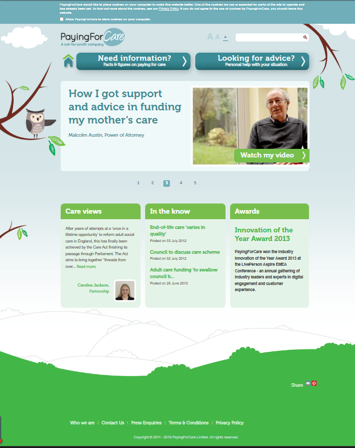Historical PayingForCare homepage with routes to care-funding information and advice, a featured video panel, care views, news and awards