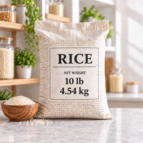 Bag of rice labelled with a net weight of 10 pounds and 4.54 kilograms