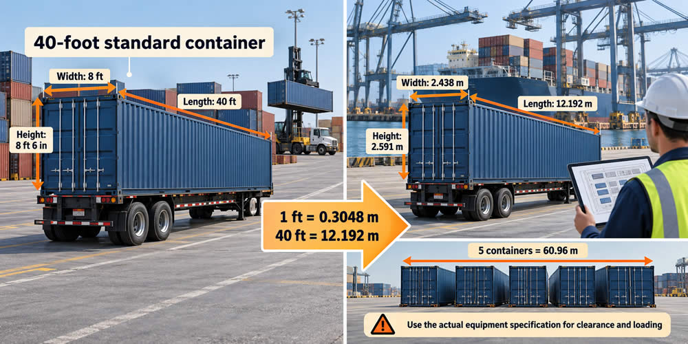 A 40-foot shipping container converted to 12.192 metres for international logistics planning