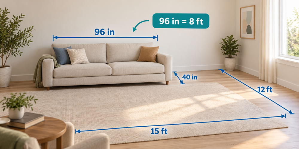 Sofa measuring 96 inches wide and 40 inches deep inside a 12-foot by 15-foot living room, showing that 96 inches equals 8 feet.