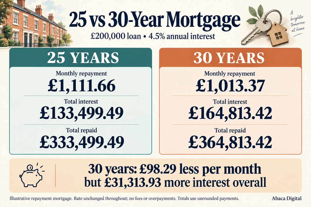 Comparison of a £200,000 mortgage at 4.5%: monthly repayments of £1,111.66 over 25 years versus £1,013.37 over 30 years.