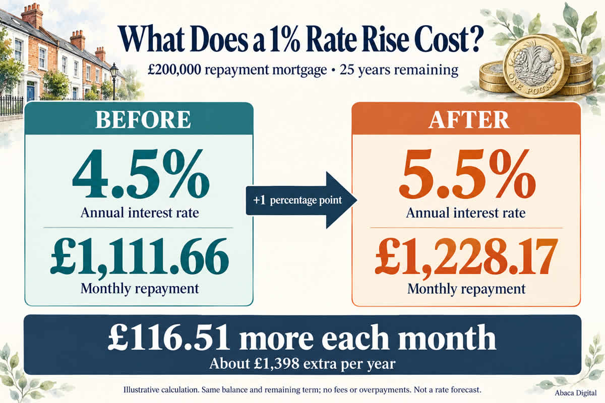 On a £200,000 repayment mortgage with 25 years remaining, increasing the rate from 4.5% to 5.5% raises monthly payments from £1,111.66 to £1,228.17.